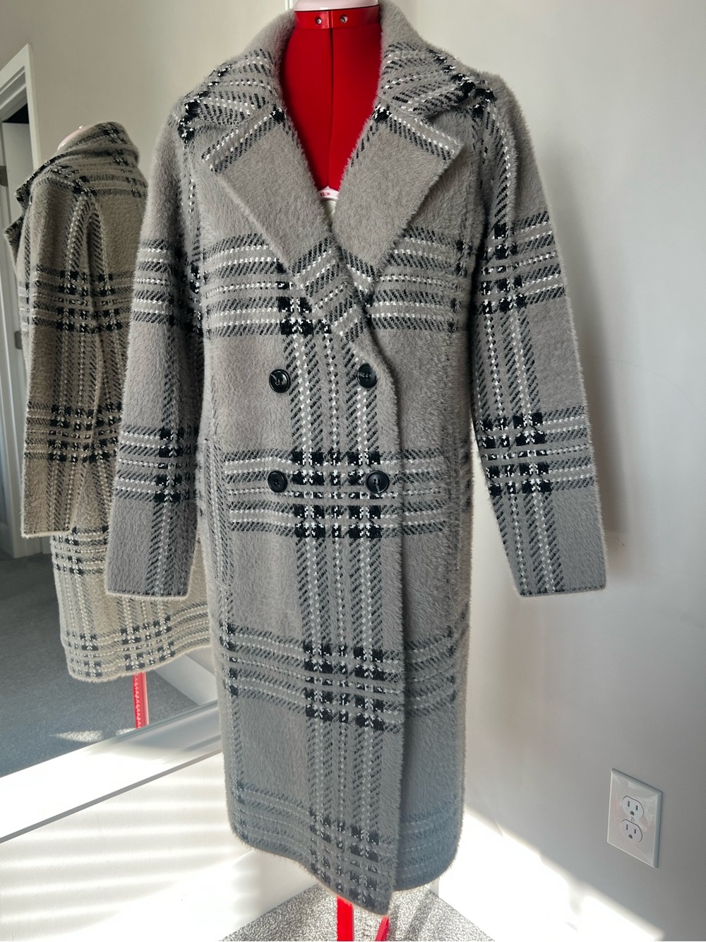 Tahari Gray Plaid Double-Breasted Pea Coat